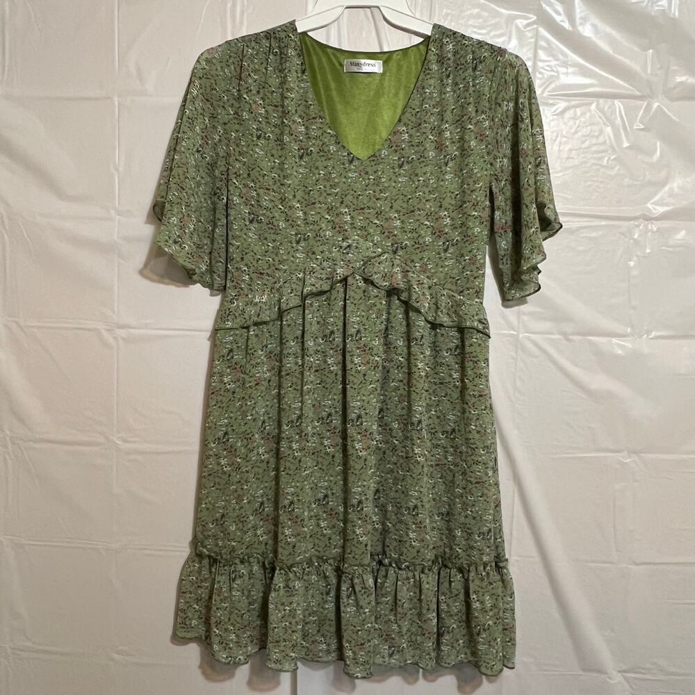 Cottagecore Floral Dress‎ Green Pink White Flowy Ruffle Mini Soft Girl Spring